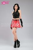 Outfit Phối Sẵn - (Váy Xếp Li Da Bóng Đỏ phối Áo Kim Sa Đen Mũ Trùm Kèm Bao Tay Kim Sa)
