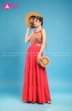 VBM0403 Váy Maxi Cổ Yếm Đỏ Hoạ Tiết Váy Xoè Khoét Eo