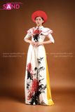 TAE0006 Áo Dài Thiết Kế Hoạ Tiết Hoa Đỏ - Màu Trắng ( KÈM MẤN )