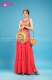 VBM0403 Váy Maxi Cổ Yếm Đỏ Hoạ Tiết Váy Xoè Khoét Eo