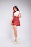 Outfit Phối Sẵn - (Chân Váy Caro Đỏ Dây phối Áo Croptop Móc Trắng)