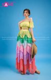 VBM1204 Váy Maxi Cúp Ngực Xanh Lá Nhiều Tầng Phối Màu