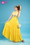VBM0302 Váy Maxi Cổ Yếm Vàng Hoạ Tiết Váy Xoè Khoét Eo