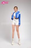 Outfit Phối Sẵn - (Set Quần Short Trắng Phối Áo Khoác Da Crop Xanh Dương)