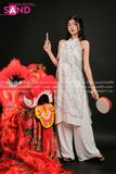 TYD0009 Set Yếm Voan Trắng Hoạ Tiết Hoa Nhí Đen Hở Vai