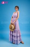 VBM0704 Váy Maxi Cổ Yếm Tím Voan Ôm Eo