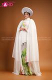 TAE0005 Áo Dài Thiết Kế Tay Voan Tà Dài Trắng Hoạ Tiết Sen ( KÈM MẤN )