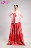 TNH0504 Hanbok Áo Hồng Váy Đỏ Gấm In Nhũ