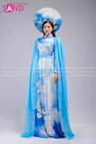 TAE0812 Áo Dài Trình Diễn Vai Lơi Hoạ Tiết Chim Bồ Câu Hoà Bình - Màu Xanh (kèm mấn áo dài)
