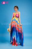 VBM1202 Váy Maxi Loang Màu Xanh Hồng Cúp Ngực Khoét Eo