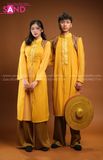 TAC0317 Áo Dài Thư Pháp Nâu Cam Họa Tiết Trống Đồng Nữ