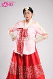 TNH0504 Hanbok Áo Hồng Váy Đỏ Gấm In Nhũ