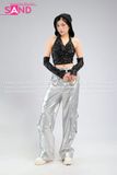 Outfit Phối Sẵn - (Áo Kim Sa Mũ Trùm Đen phối Quần Suông Túi Hộp Bạc Form Cứng)