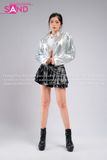 Outfit Phối Sẵn - (Váy Xếp Li Da Đen 2 Tầng phối Áo Khoác Crop Bạc Form Cứng)