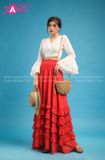 VBM0410 Váy Maxi Trắng Tay Dài Cổ Tim Phối Váy Đỏ