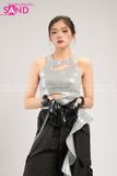 Outfit Phối Sẵn - (Quần Chun Đen phối Áo Crop Kim Sa Tua Rua)