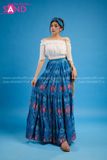 VBM0801 Váy Maxi Trễ Vai Trắng Xanh Dáng Xoè