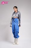 Outfit Phối Sẵn - (Quần Thụng Xanh Dương phối Áo Crop Cổ Sơmi Bạc)