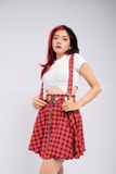 Outfit Phối Sẵn - (Chân Váy Caro Đỏ Dây phối Áo Croptop Móc Trắng)