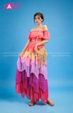 VBM1205 Váy Maxi Cúp Ngực Đỏ Nhiều Tầng Phối Màu