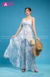 VBM0807 Váy Maxi 2 Dây Cổ Tim Hoạ Tiết In Hoa - Xanh