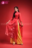 TAC0429 Áo Dài Tơ 4 Tà - Đỏ Đậm In Hoa Bướm Cách Tân