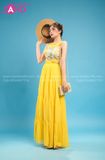 VBM0302 Váy Maxi Cổ Yếm Vàng Hoạ Tiết Váy Xoè Khoét Eo