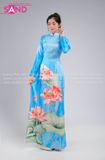 TAA0816 Áo Dài Hoạ Tiết Sen Cam - Màu Xanh Dương Nhạt