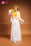 Yếm Lụa Trơn Màu Vàng Đậm TYK0502 Khoác Tơ Trắng TTK0001 Quần Váy Trắng Lụa 2 Lớp TQV0001