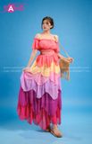 VBM1205 Váy Maxi Cúp Ngực Đỏ Nhiều Tầng Phối Màu