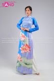 TAA0817 Áo Dài Hoạ Tiết Sen Cam - Màu Xanh Dương Đậm
