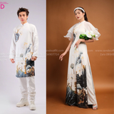 TAD0014 Áo Dài Cách Tân Hoạ Tiết Sen Đậm Màu Trắng - Nam