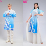 TAC0814 Áo Dài Cách Tân Xanh Họa Tiết Chim Bồ Câu Tay Voan - Nữ