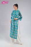 TAC0925 Áo Dài Tơ 4 Tà Xanh Hoạ Tiết