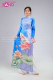 TAA0817 Áo Dài Hoạ Tiết Sen Cam - Màu Xanh Dương Đậm