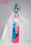 TAE0009 Áo Dài Thiết Kế Voan Tà Dài Hoạ Tiết Sen Hồng Xanh - Màu Trắng ( KÈM MẤN )