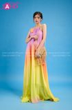 VBM1209 Váy Maxi Loang Màu Cổ Yếm Xếp Ly Dáng Xoè Hồng Vàng