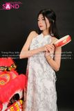TYD0009 Set Yếm Voan Trắng Hoạ Tiết Hoa Nhí Đen Hở Vai