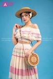 VBM0002 Váy Maxi Voan Trắng Trễ Vai Nhiều Tầng Dáng Xoè