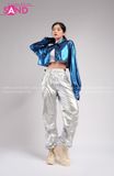 Outfit Phối Sẵn - (HQJ0203 Quần Bạc Nắp Ngang Không Túi Hộp phối Áo Croptop Cổ Sơmi Xanh Dương)