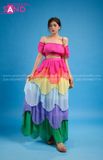 VBM1206 Váy Maxi Cúp Ngực Hồng Nhiều Tầng Phối Màu