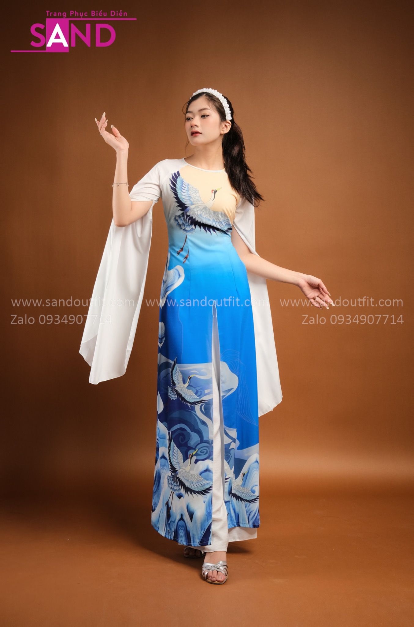 TAC0803 Áo Dài Cách Tân Xanh Họa Tiết Chim - Nữ