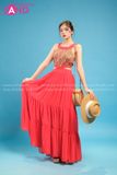 VBM0403 Váy Maxi Cổ Yếm Đỏ Hoạ Tiết Váy Xoè Khoét Eo
