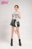 Outfit Phối Sẵn - (Váy Da Đen phối Áo Crop Kim Sa Tua Rua)