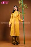 TAC0317 Áo Dài Thư Pháp Nâu Cam Họa Tiết Trống Đồng Nữ