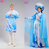TAE0812 Áo Dài Trình Diễn Vai Lơi Hoạ Tiết Chim Bồ Câu Hoà Bình - Màu Xanh (kèm mấn áo dài)