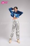 Outfit Phối Sẵn - (HQJ0203 Quần Bạc Nắp Ngang Không Túi Hộp phối Áo Croptop Cổ Sơmi Xanh Dương)