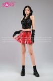Outfit Phối Sẵn - (Váy Xếp Li Da Bóng Đỏ phối Áo Kim Sa Đen Mũ Trùm Kèm Bao Tay Kim Sa)