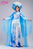 TAE0812 Áo Dài Trình Diễn Vai Lơi Hoạ Tiết Chim Bồ Câu Hoà Bình - Màu Xanh (kèm mấn áo dài)