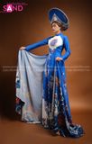 TAE0801 Áo Dài Thiết Kế Tà Dài Xanh Dương Hoạ Tiết ( KÈM MẤN )